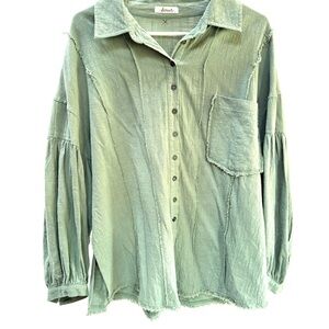 Faveur Sage 100% Cotton Button-Up Shirt with Balloon Sleeves, Sz L (oversize)